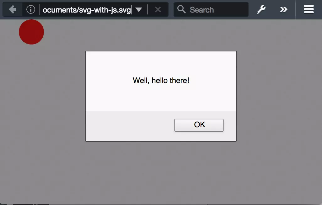 Browser window showing an alert box with the text “Well, Hello There!”