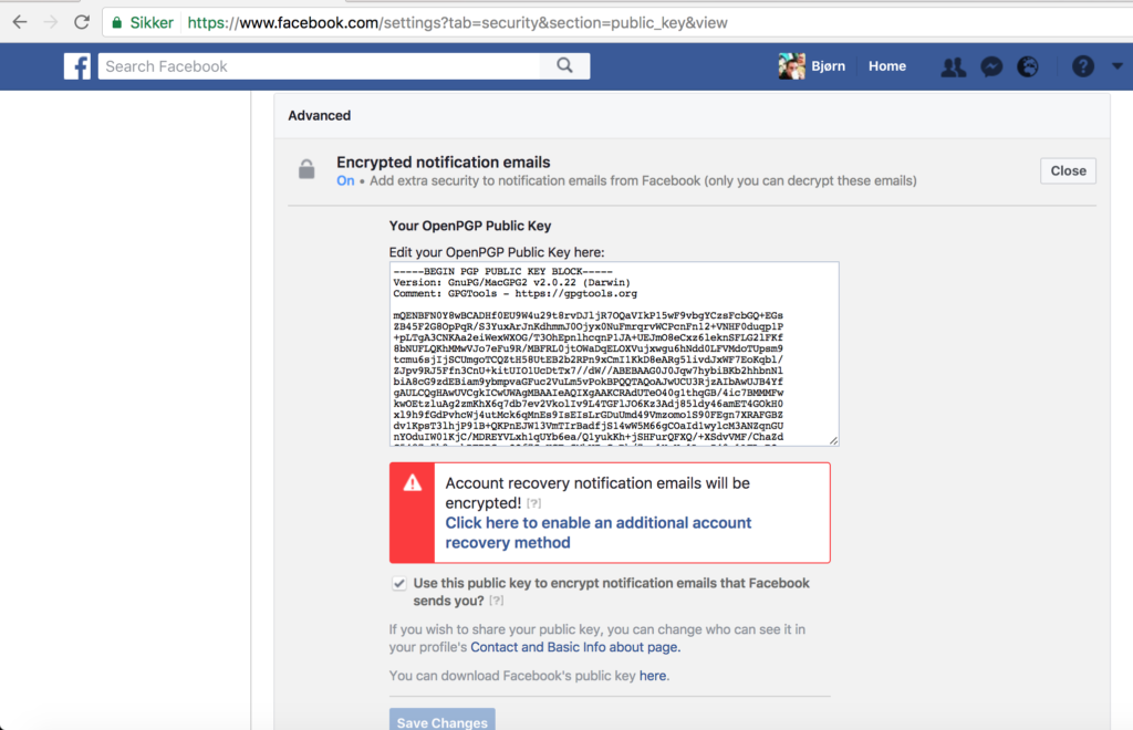 Secure email settings in Facebook